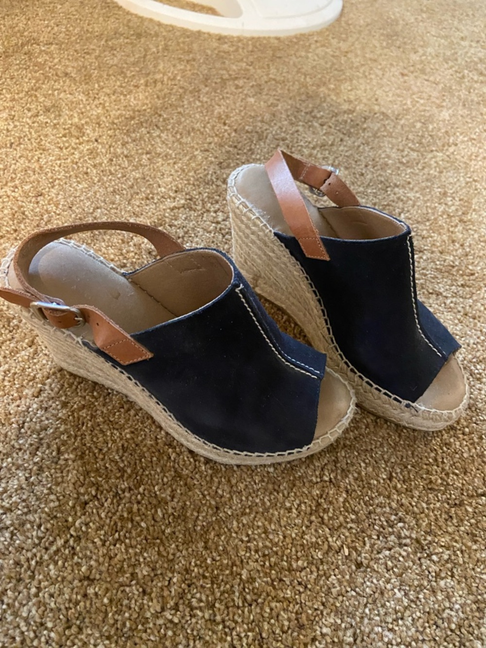 Anthropologie Navy Espadrille Wedge Sandals with Brown Straps